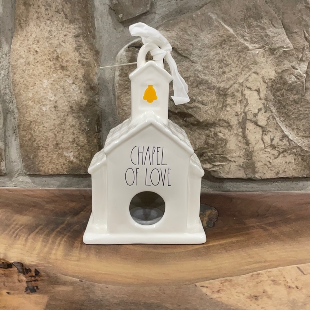 Rae Dunn White "Chapel of Love" Ceramic Ornament with Yellow Bell Accent
